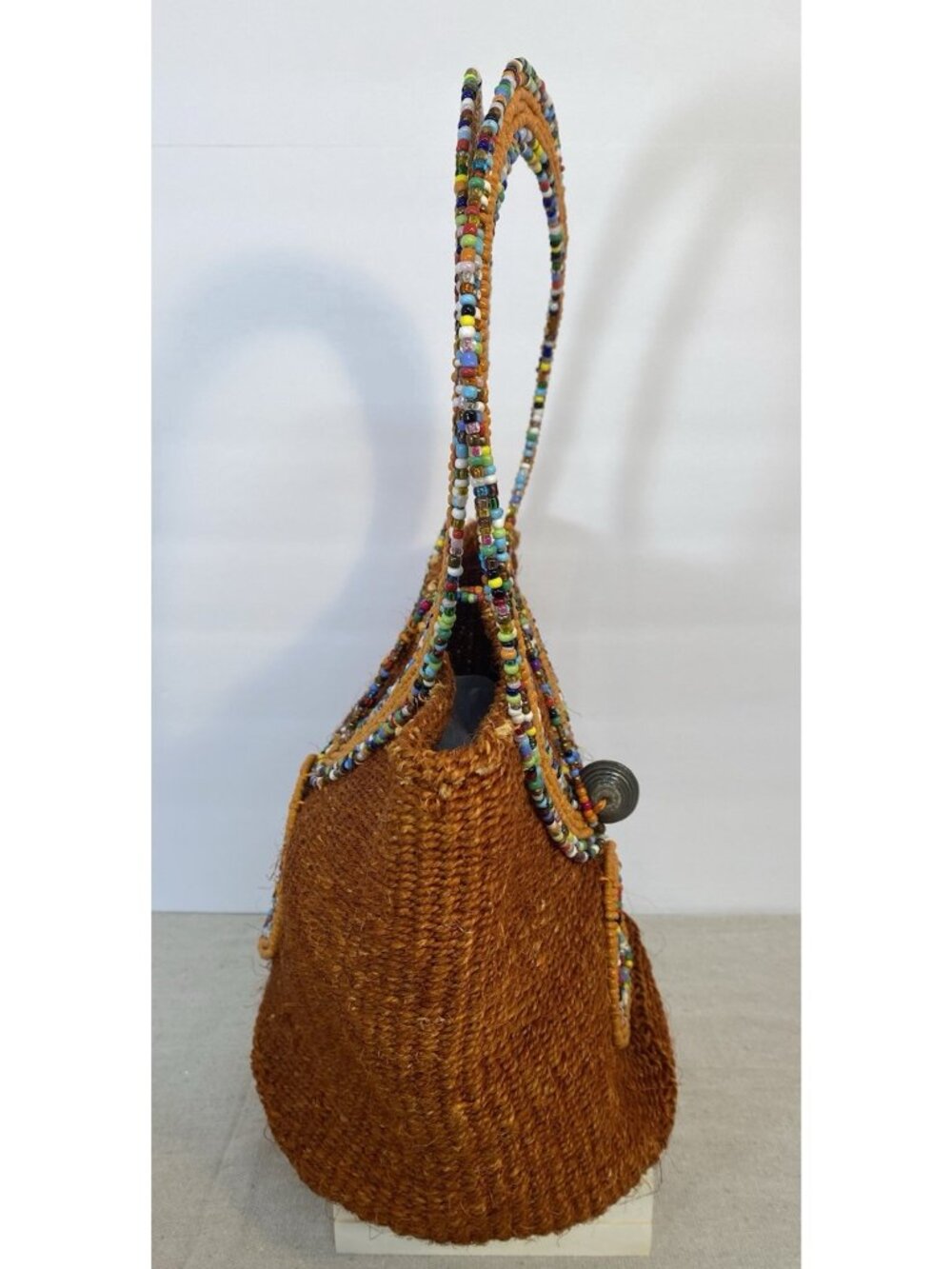 Handmade Brown Multi Color Beadwork Handwoven Bucket Bag Made in Kenya - Picture 6 of 11